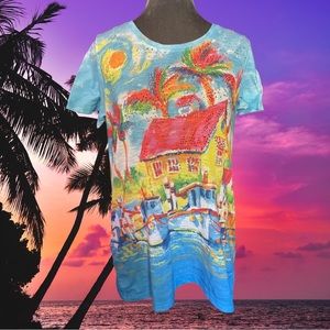 Onque Casual tropical island house on the dock beaded and bejeweled tee